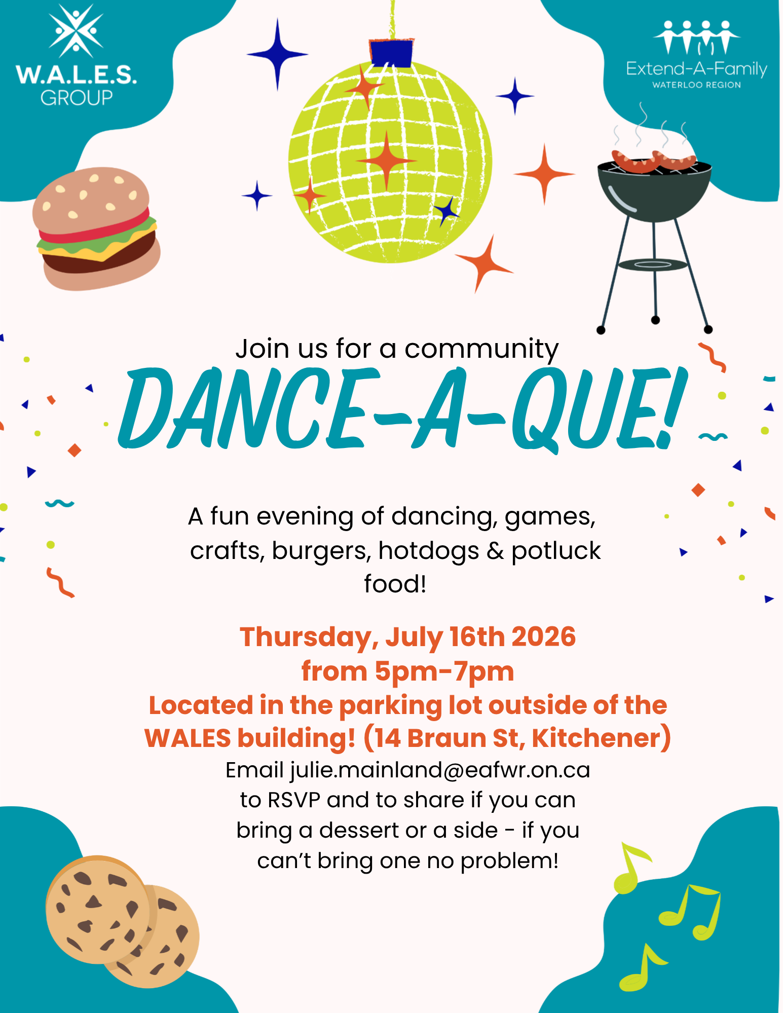 Poster for Dance-A-Que showing a disco ball, bbq, burgers, music and cookies.